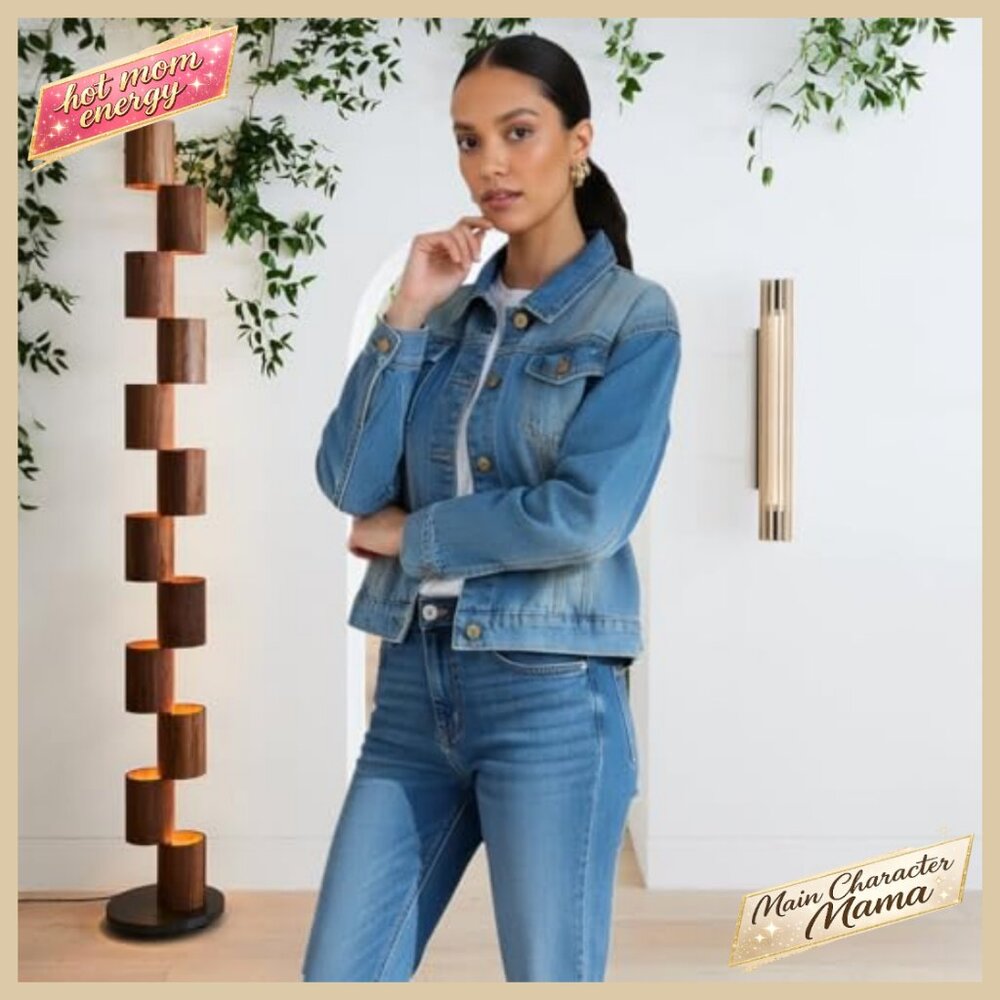 Cropped Denim Jacket Classic Collared Button Down… - image 3